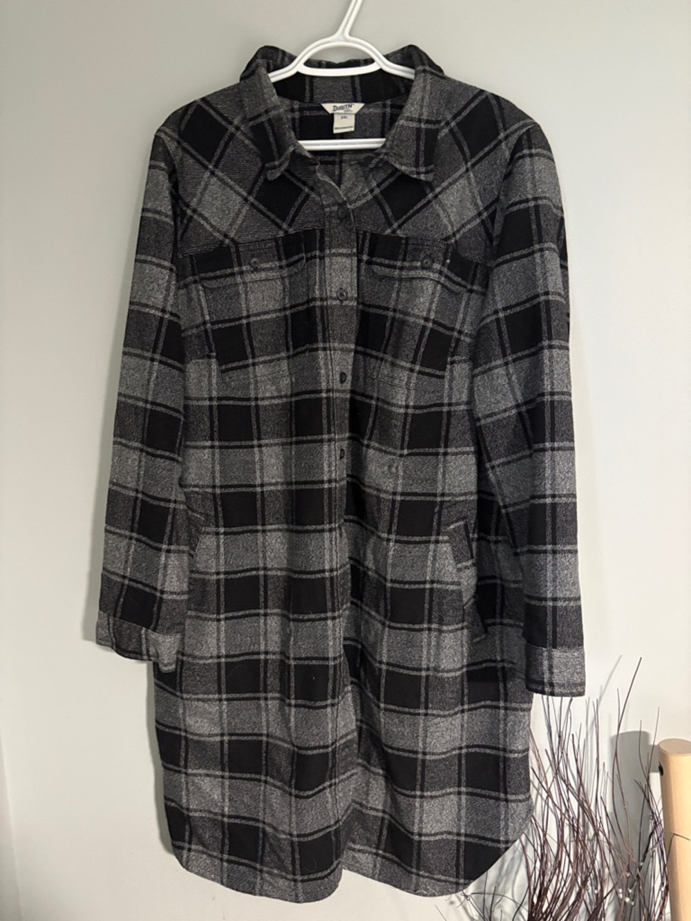 Duluth Trading Co Black and Gray Plaid Tunic Shirt